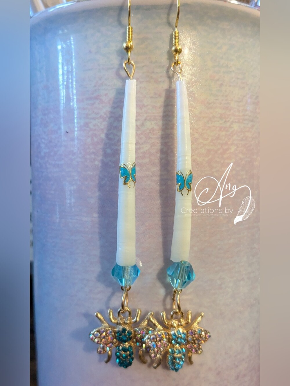 Handmade White Shell Earrings with Turquoise Bees & Gold Accents